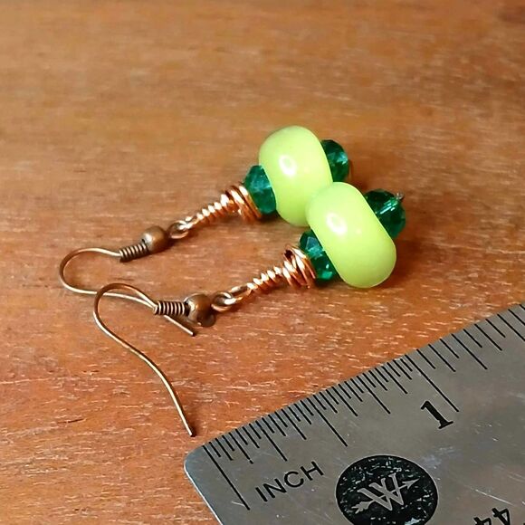 Neon Green Boho Beaded Dangle Earrings, Copper, Artisan OOAK - Picture 4 of 4
